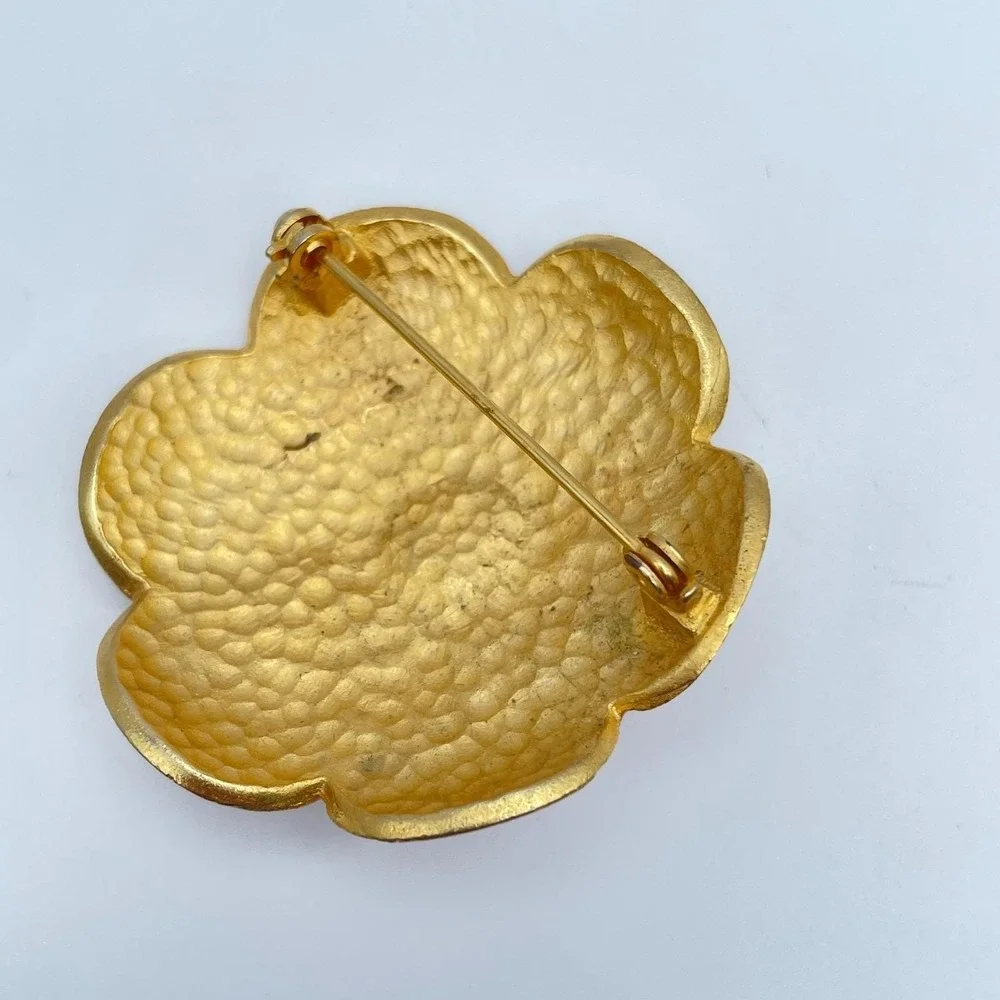 Vintage Gold Tone Peach Enamel Petal Floral Mother Of Pearl Bead Brooch Pin Boho
